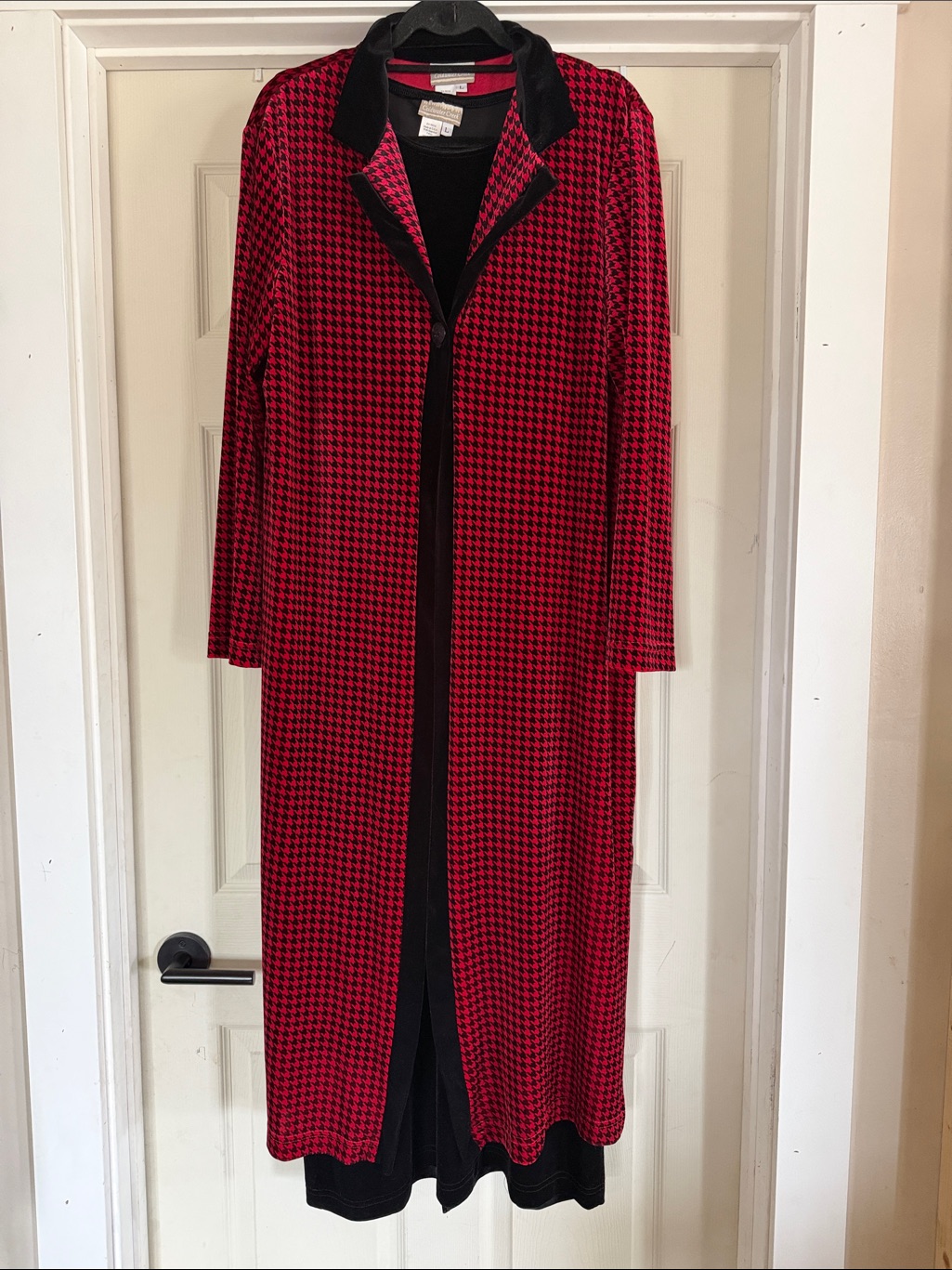 Velvet Houndstooth Formal Evening Blazer Long Coat Overcoat W/ Sleeveless Dress